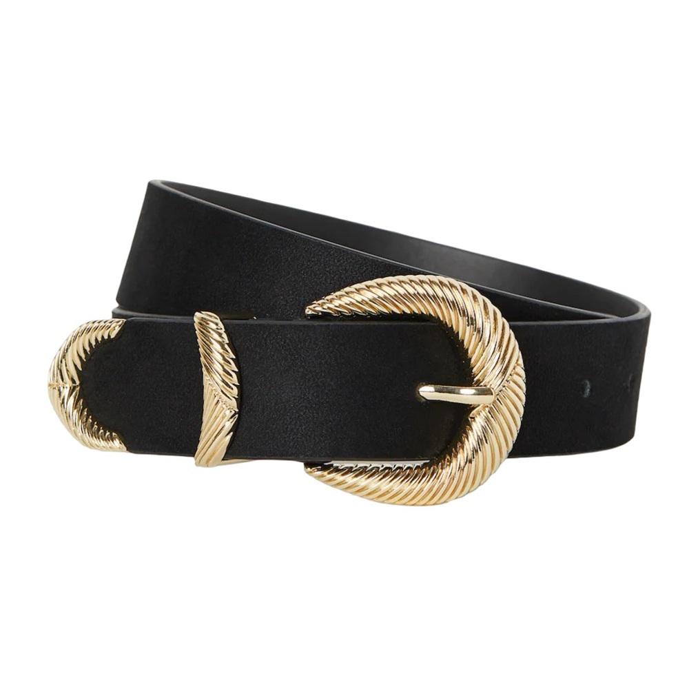 H&M Black Soft Faux Leather Belt with Gold Accents XS Western Costal Cowgirl 26”